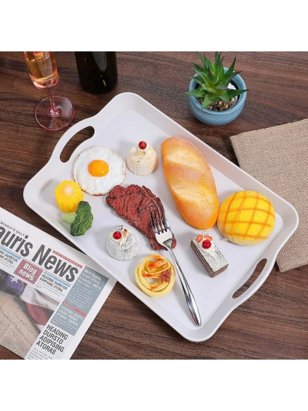 Set of 2 Large White Serving Trays with Handles - Rectangular Plastic Platters